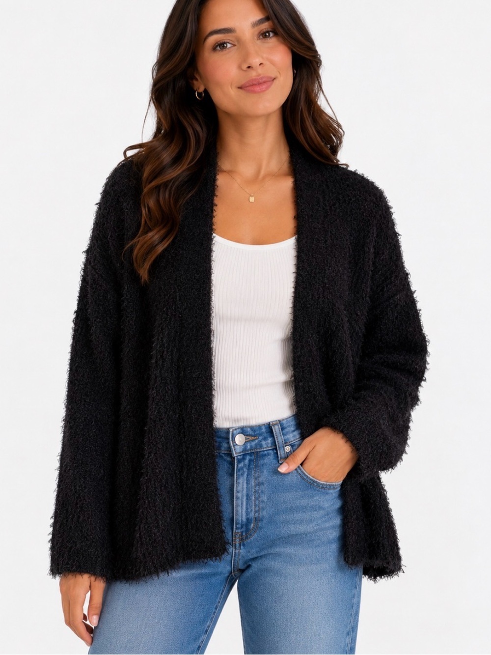 Kensie Black Fuzzy Open front Cardigan Sweater eyelash knit textured relaxed XL